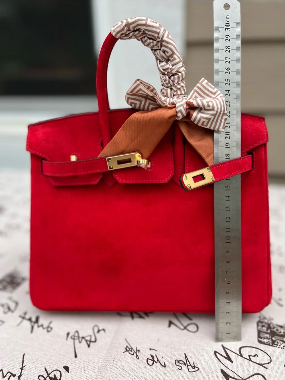 Red Suede Double-Handle Handbag 25cm with Gold-tone Hardware - New